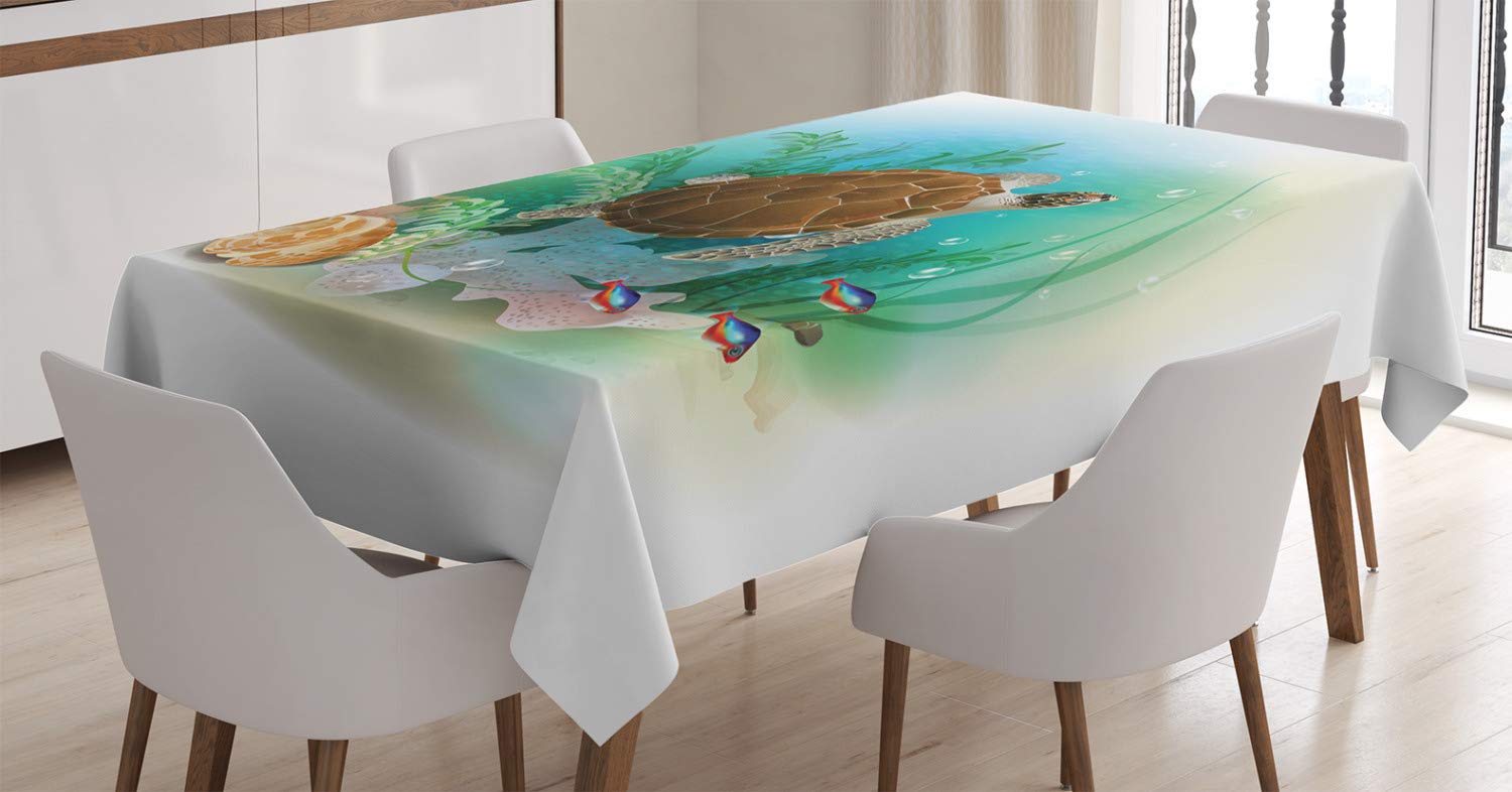 ABAKUHAUS Ocean Tablecloth, Sea Turtle Swims in the Ocean Tropical Underwater World Aquarium Illustration Print, Dining Room Kitchen Table Cover, 54" x 94", Brown Green