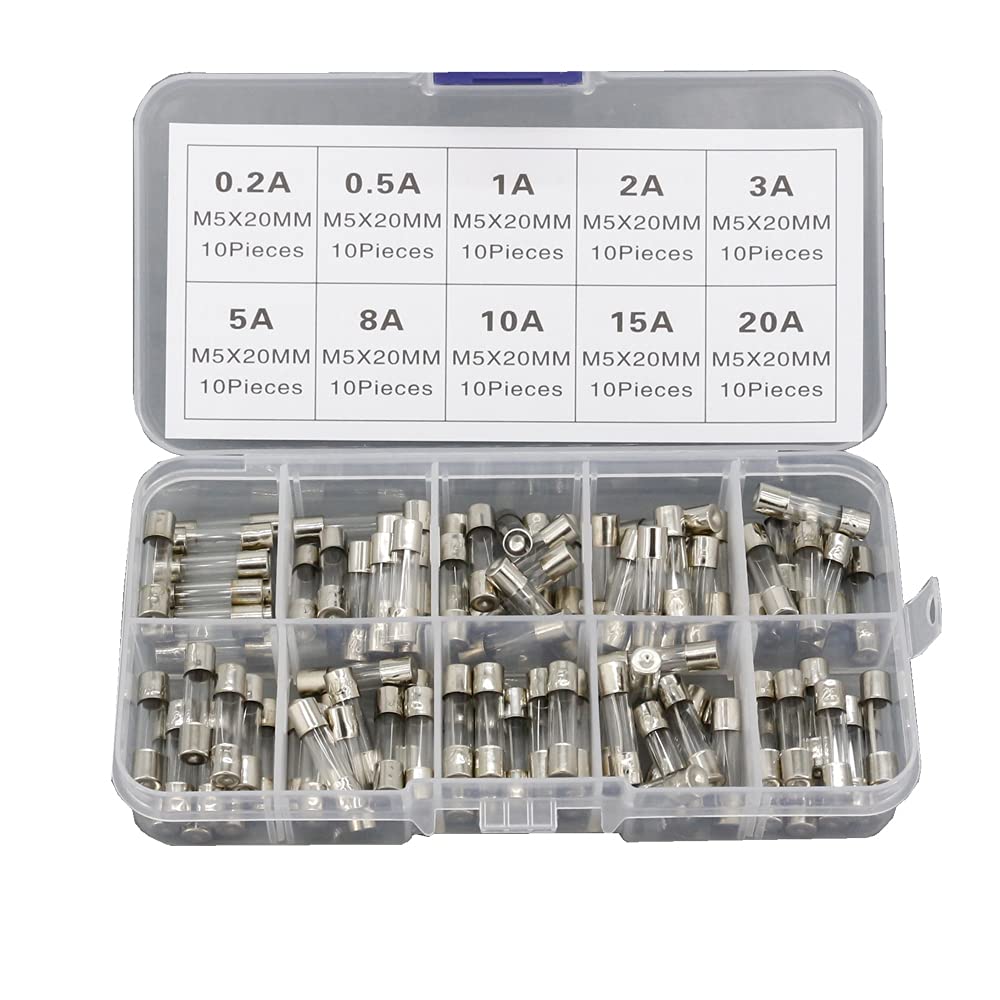 CNLW 100 Pcs 5x20mm Glass Tube Fuse Fast Glow Tube Fuse Assortment Kit 0.2A-20A in a Box