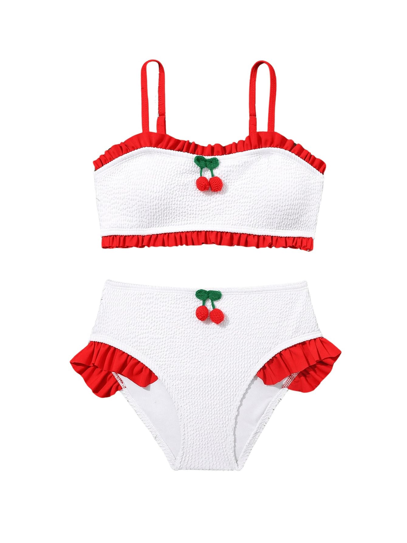 Photo 1 of MakeMeChic Girl's Cherry Bikini Set Colorblock Ruffle Trim Cute Swimsuits 2 Piece Bathing Suit Red and White 10Y