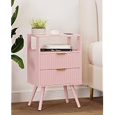 Leomonio Pink Nightstand,Modern Bedside Table with 2 Storage Drawer and Open Wood Shelf, for Bedroom and Small Spaces,Night Stand with Solid Wood Legs