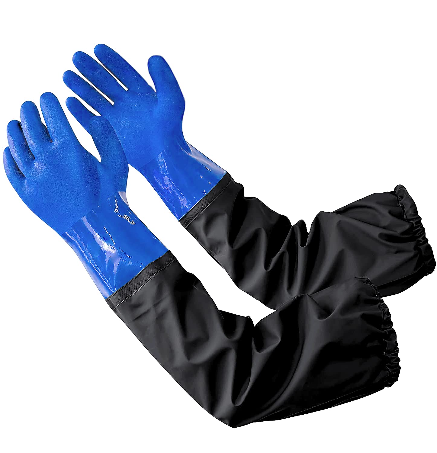 Long Pond 26.77" Rubber Waterproof Gloves, Acid and Alkali Resistant for Drain, Aquarium and Pond Maintenance, Full Arm Protection, Blue