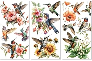 Peacoblue Rub on Transfer Decals for Furniture Crafts Letter 6"x12", 3Pcs Waterproof UV Transfer Peel and Stick Sticker for Dresser, Glass, Porcelain, Paper, Wood, Cloth Decor(Hummingbird and Flower)