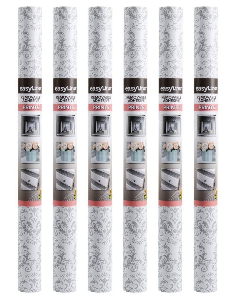 EasyLiner Adhesive Shelf Liner for Cabinets & Cupboards – Easy to Install & Cut to Fit – Self-Adhesive Shelf Paper – Peel and Stick Liner – Easy to Clean & Removable – 90 Total Feet – Grey Damask