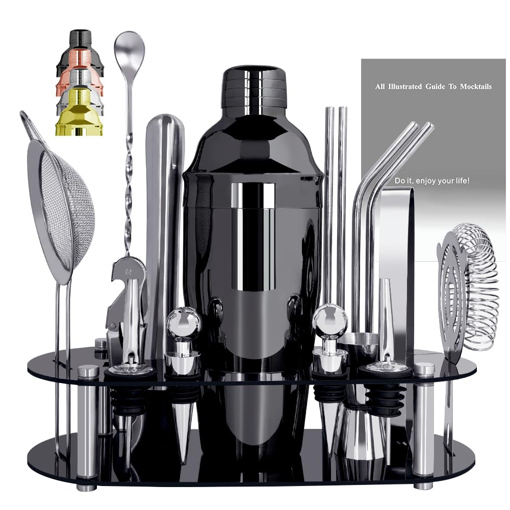 Photo 1 of Cocktail Shaker Set Bartender Kit with Stand - 16 Piece Bar Tool Set Drink Mixer Set Includes : Shakers, Jigger, Strainer, Mixer Spoon, Muddler, Liquor Pourers, Straw (Black)