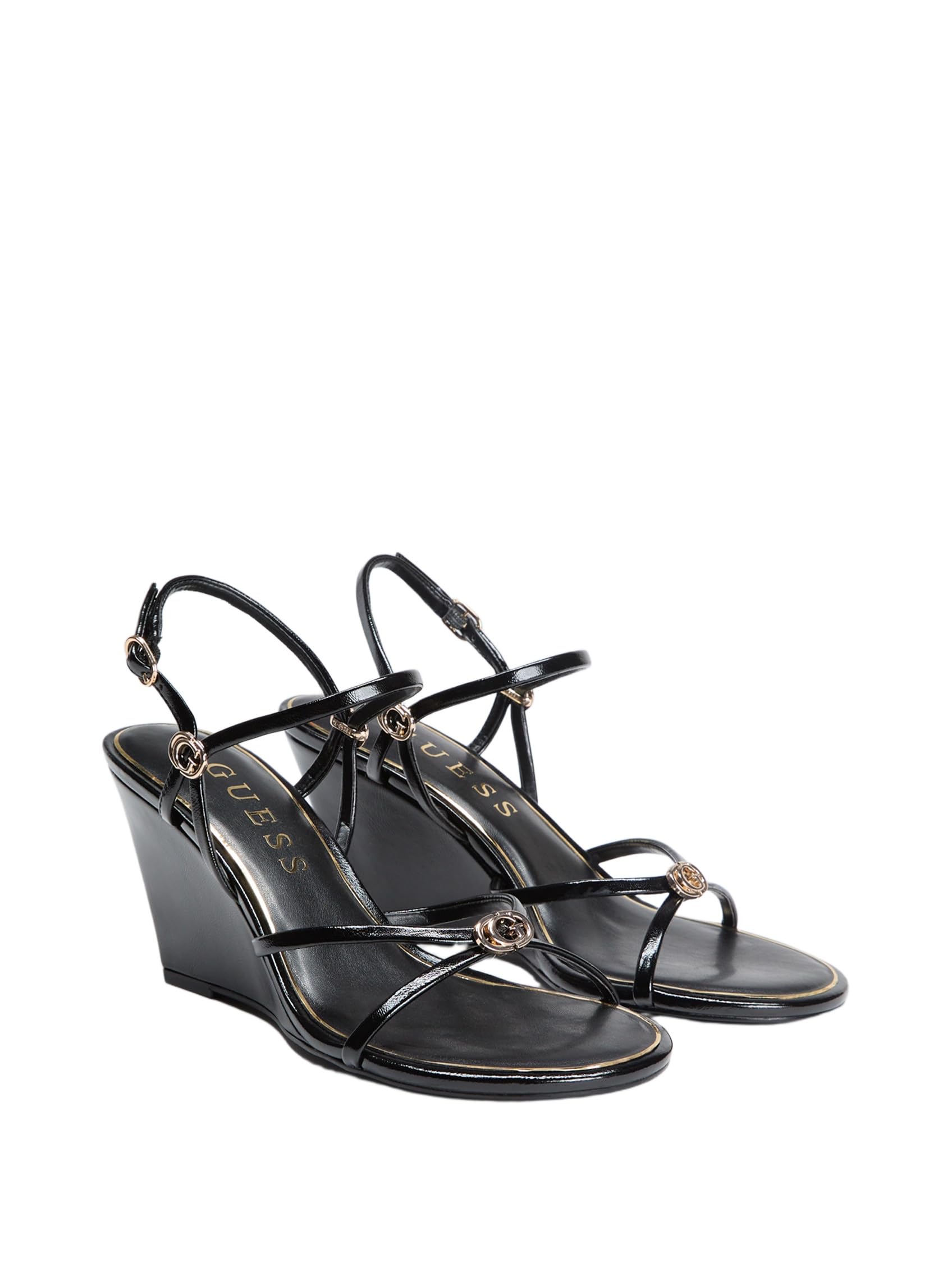 Guess Women’s Devve Wedge Sandal, Black Patent 001, 7.5