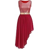 ODASDO Women's Asymmetrical Overlays Dresses Metallic Color Block Praise Lyrical Dance Dress Tunic Irregular Hem Dancewear