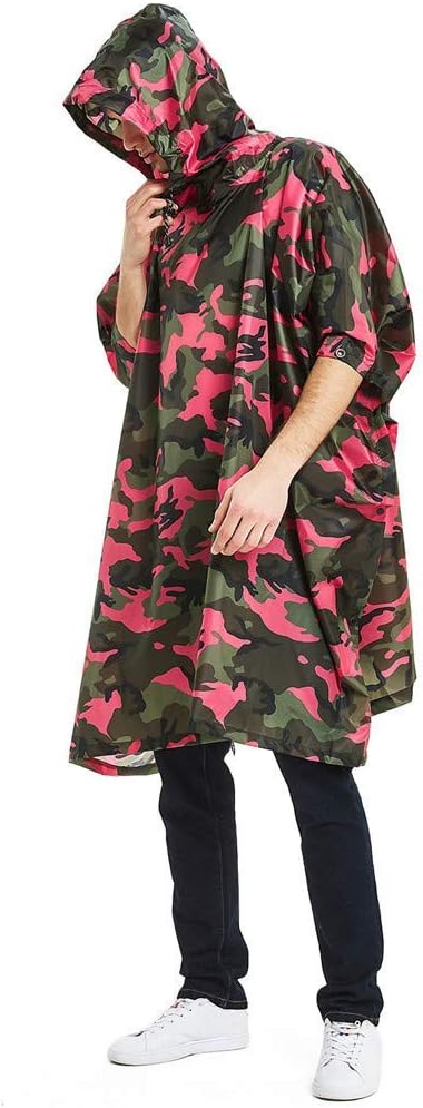Mens Camo Rain Poncho Hooded Raincoat Waterproof Rain Jacket for Camping & Hiking