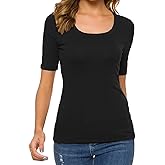 Womens Square U Neck Short Sleeve Basic Tee Tops Fitted Cotton T-Shirts for Summer Winter Layer