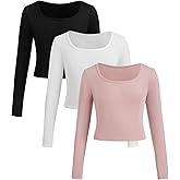 Floerns Girls 3 Piece Solid Ribbed Knit Square Neck Long Sleeve Tee Shirts Crop Tops