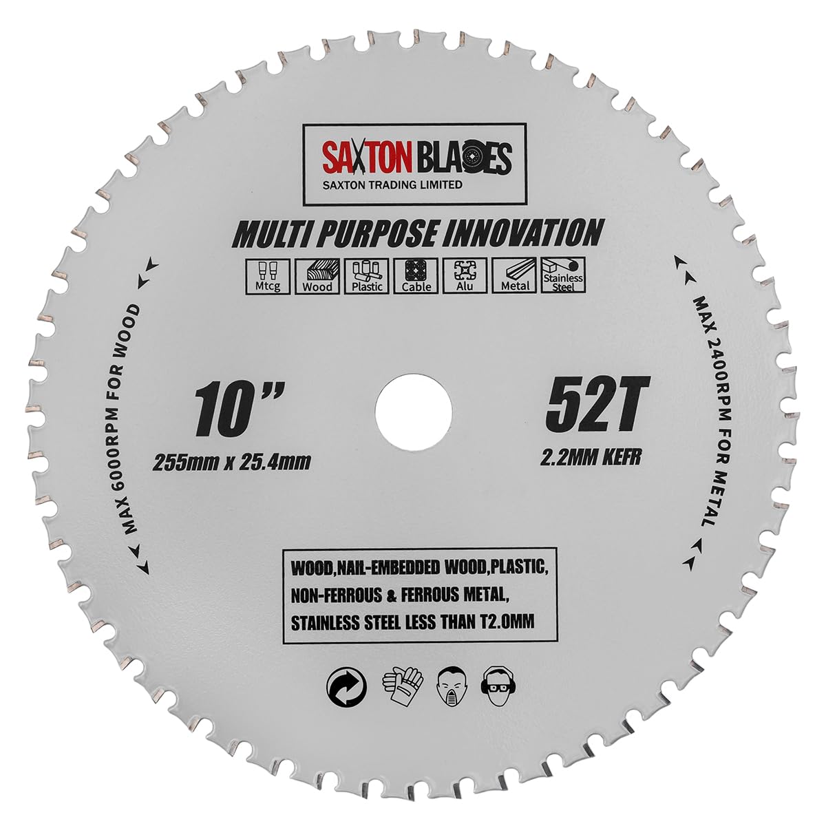 TCT25552TMPT254B Saxton TCT Multi Purpose Innovation Circular Saw Blade 255mm x 52T X 25.4mm Bore Wood and Metal fits Evolution