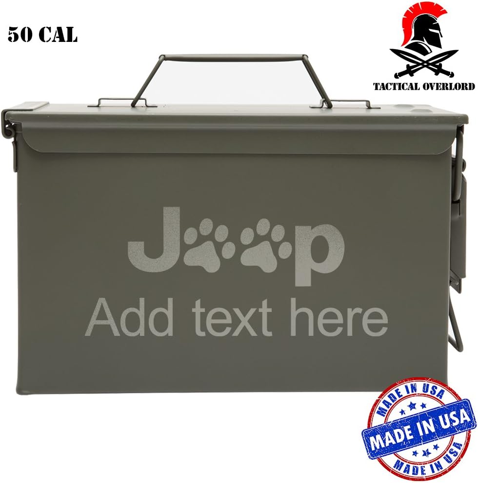 Tactical Overlord Personalized Metal Ammo Can Waterproof Hunting Fishing Ammunition Storage with Jeep Wrangler Cat Dog Print Laser Engraving