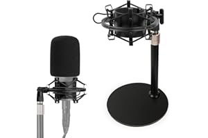 AT2020 Mic Stand, Adjustable Height Desk Microphone Stand with Shock Mount, Foam Windscreen, Metal Weighted Base, 1/4 to 3/8 