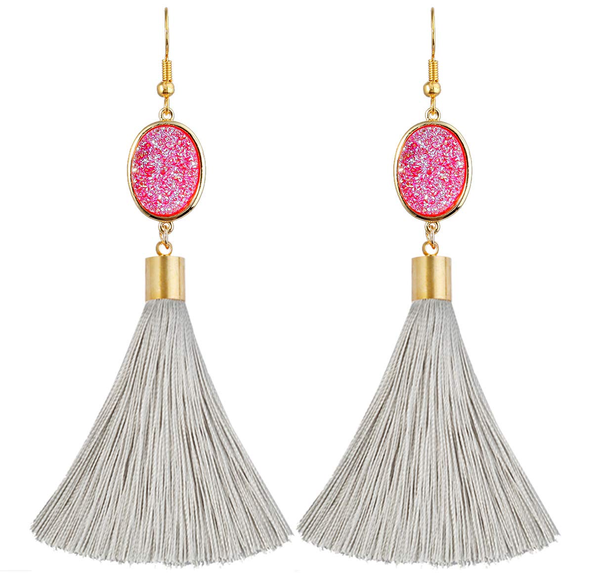KYEYGWO Long Tassel Drop Earrings for Women, Healing Crystal Druzy Hook Fringe Dangle Earrings for Girls