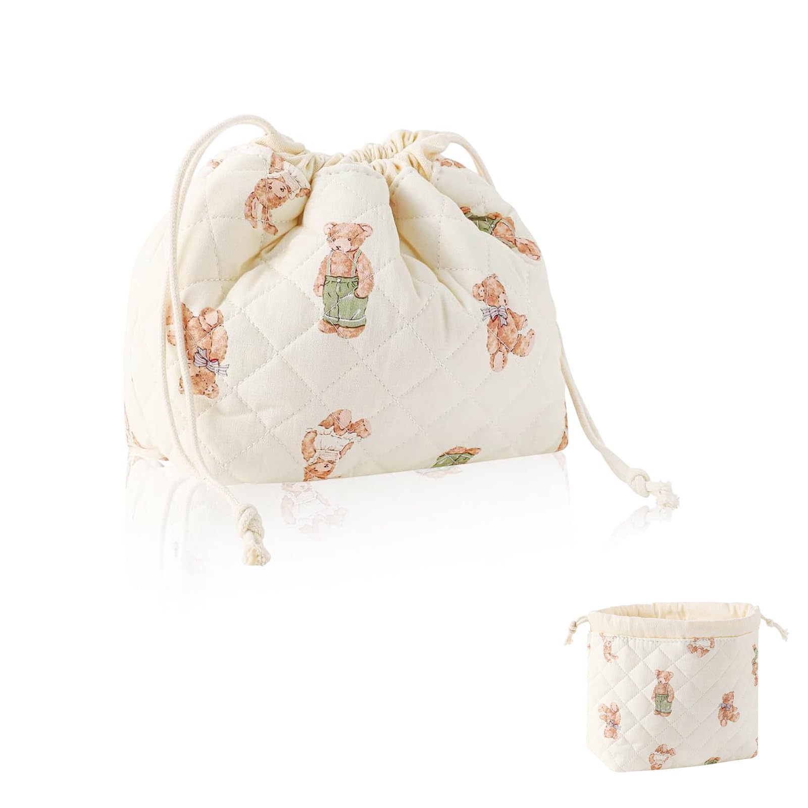 Kinretixia quilted cotton make-up bag with drawstring and canvas lining, cute, aesthetic travel toiletry bag with coquetry, drawstring gift bag