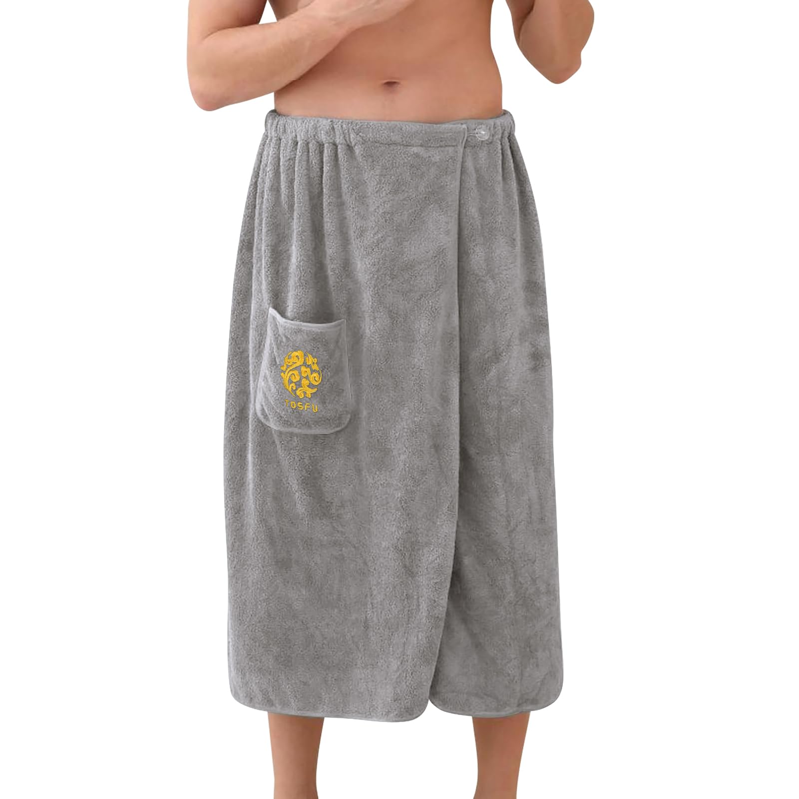 Mens Adjustable Bath Towel Wrap with Pocket, Quick Dry Absorbent Gym Beach Towels Bathing Shower Around Wrap Towel Cover up Soft Towelling for Sauna, Spa, Pool, Home (Grey, 80cm × 150cm（31.4” × 59“）)