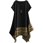 Minibee Women's Ethnic Cotton Linen Short Sleeves Tunic Dress