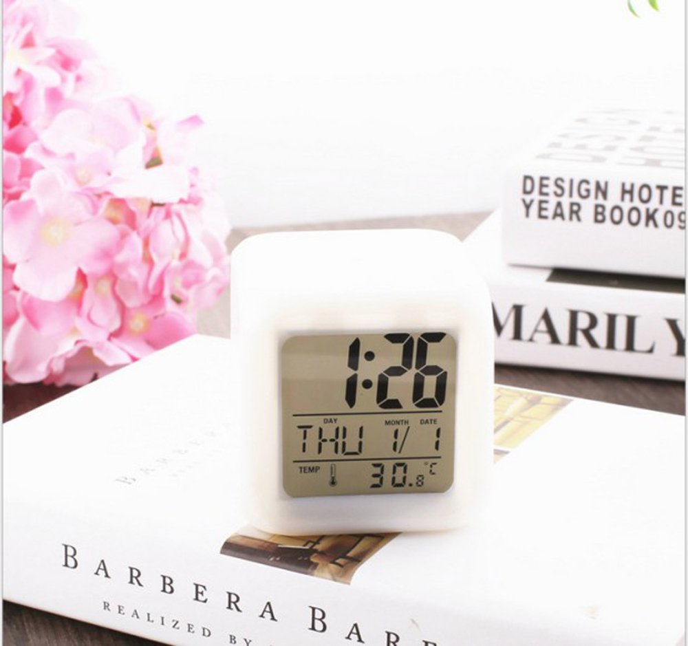 Zinnor Digital Alarm Thermometer Night Glowing Cube 7 Colors Clock Change LCD LED Changing Digital Alarm with Snooze,Music and Large Display-White
