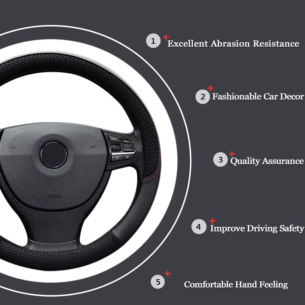 LucaSng Black Microfiber Leather and Ice Silk Fabrics Car Steering Wheel Cover Fit 14.56”-14.96”