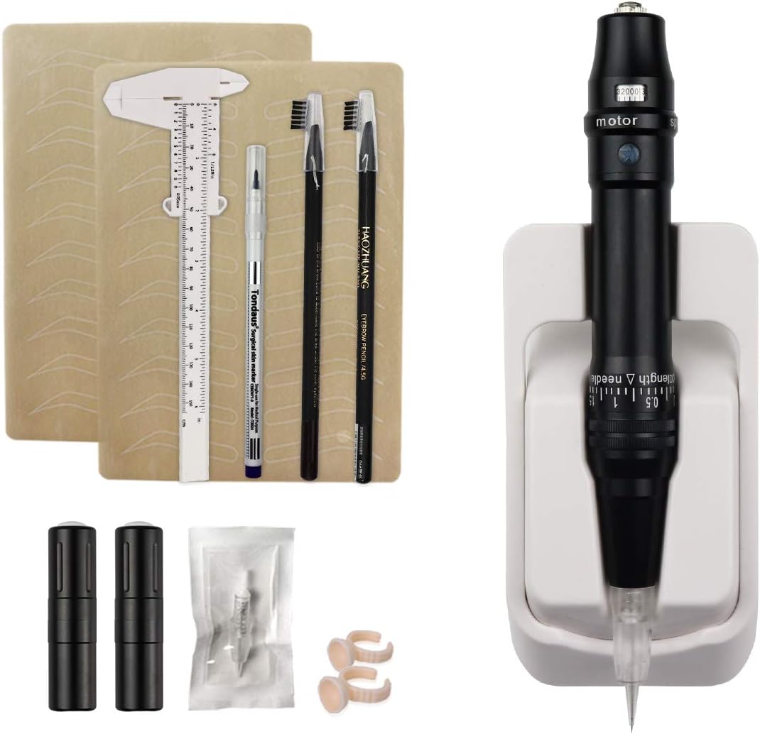 MARLLOGIVA Wireless Permanent Makeup Tattoo Machine Kit for Eyebrow Eyeliner Lips MTS with 2 Spare Batteries 20pcs Cartridge Needles (Black Machine Kit)