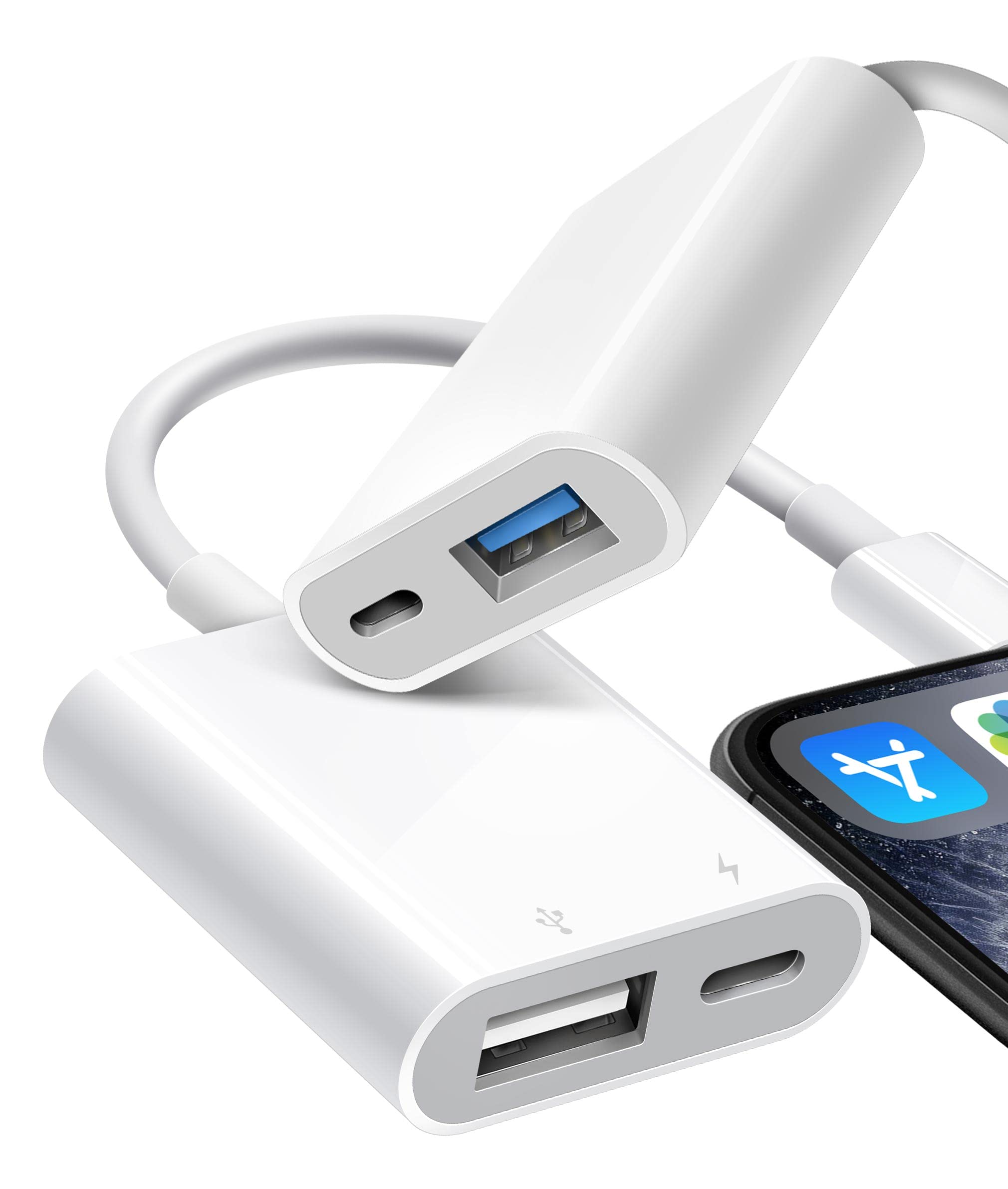 Fubiaofei 2 Pack USB Adapter for iPhone, iPad to USB Female OTG Adpater, Portable USB Adapter for iPhone with Charging Port, Supports USB Flash Drive/Hard Disk/MIDI, Plug and Play
