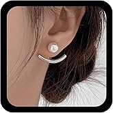 Allereyae Vintage Bar Ear Jacket Earrings Curve Bar Earrings Silver Pearl Stud Earring Pearl Ear Crawler Crescent Moon Jacket Earring Jewelry for Women