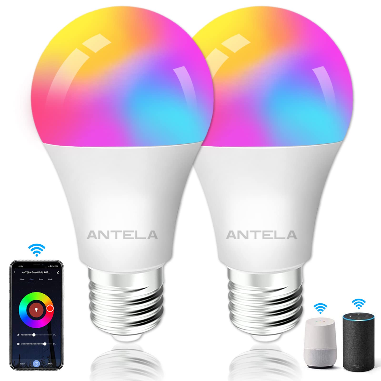 ANTELA Smart Bulb E27 Alexa WiFi Light Bulbs, 9W 1000LM LED Screw Bulb 2700K-6500K RGB Multicolored Dimmable, Smart Life App Control, Compatible with Alexa, Google Home, No Hub Required, 2 Packs