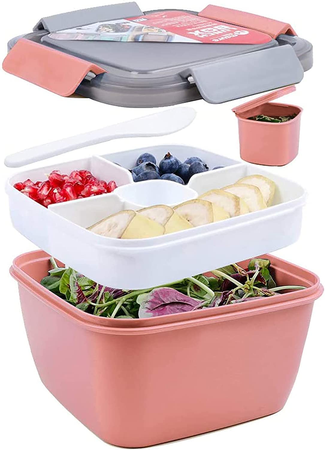 Greentainer 52 OZ to Go Salad Container Lunch Box, BPA-Free, 3-Compartment for Salad Toppings and Snacks Bowl with Dressing Container, Built-in Reusable Spoon, Microwave Safe-Pink