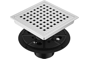 EXF 6 Inch Square Shower Drain Chrome, Stainless Steel Shower Floor Drain Kit with ABS Flange, Removable Grid Cover, Hair Str