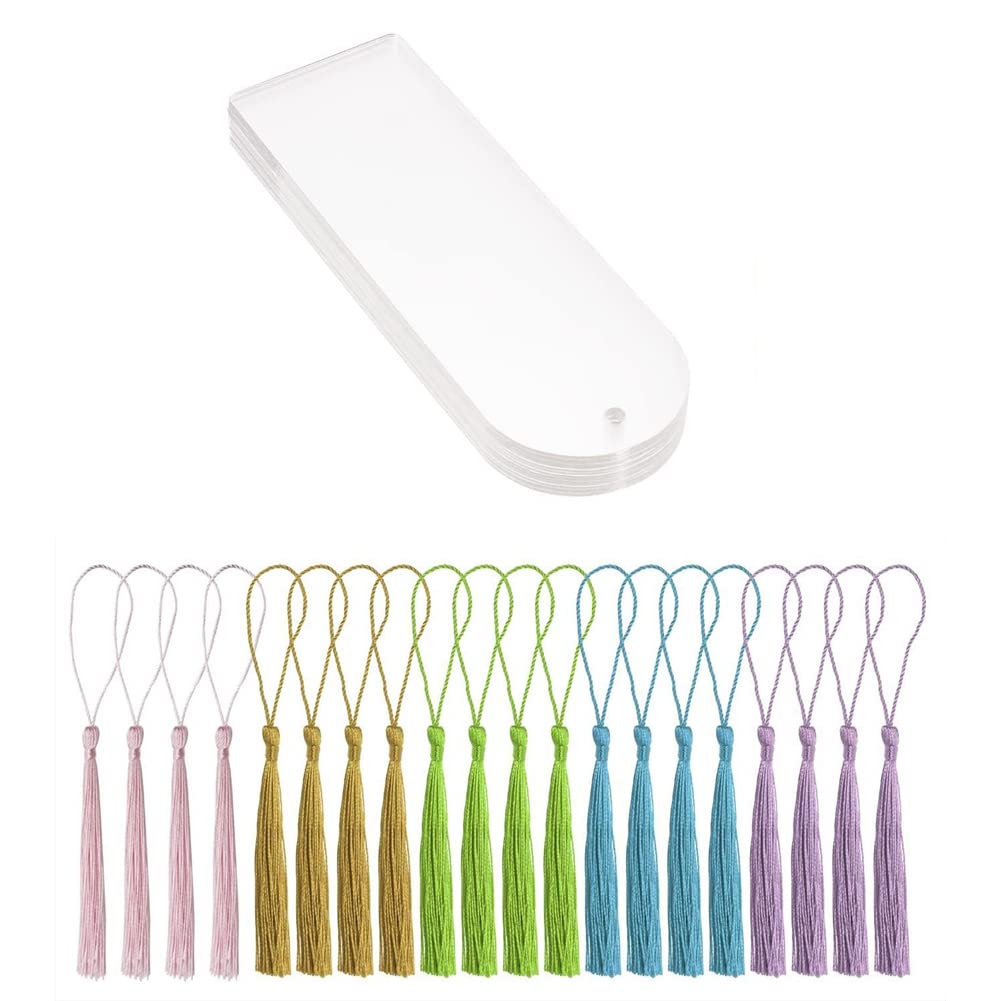 Wisyurt 20Pcs Blank Clear Acrylic Bookmarks Replacement Rectangle Craft Transparent Acrylic Book Markers with 20Pcs Small Bookmark Tassels