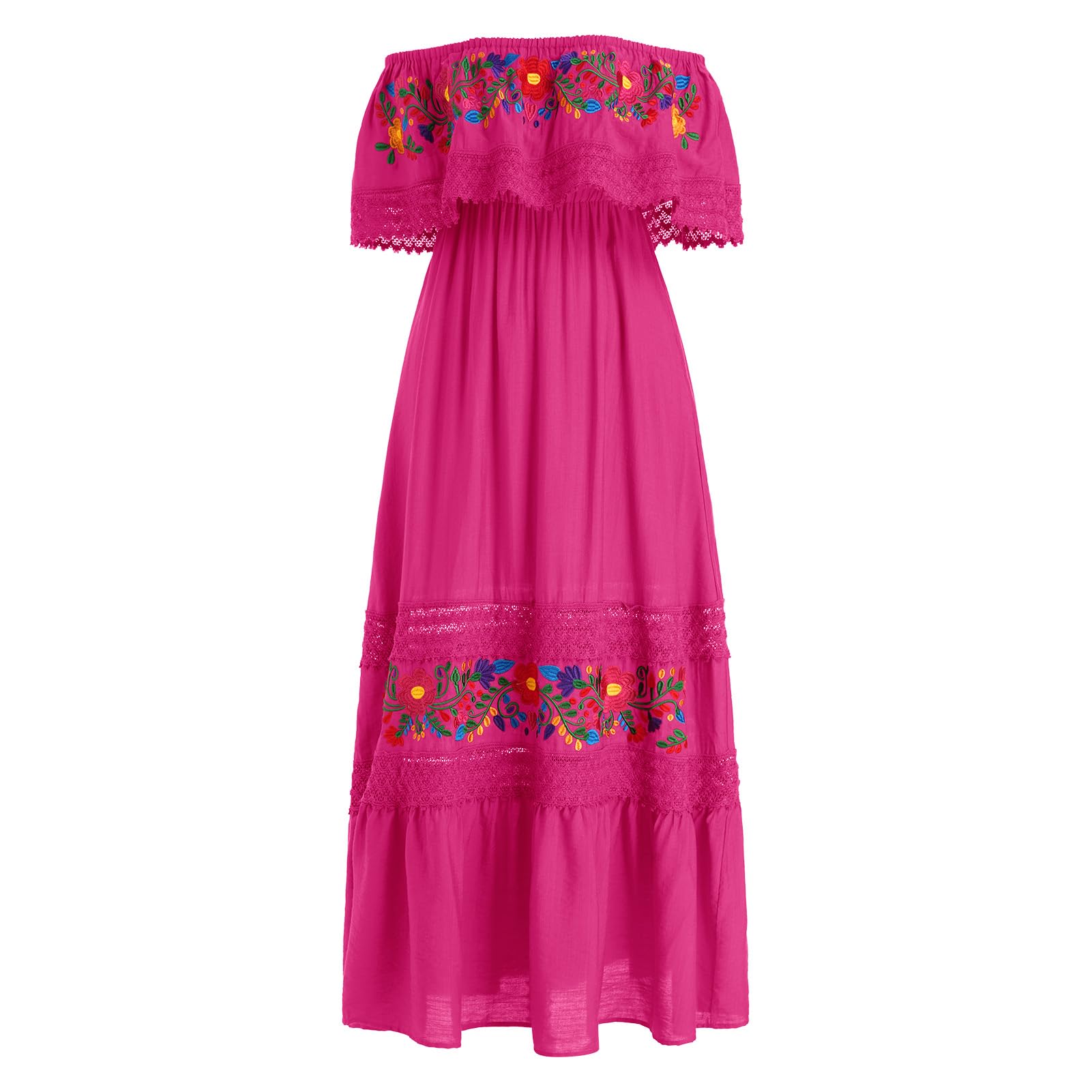 Photo 1 of IBTOM CASTLE Mexican Fiesta Dress for Women: Traditional Off-Shoulder Floral Print Maxi Dress with Belt - Hot Pink, Size S