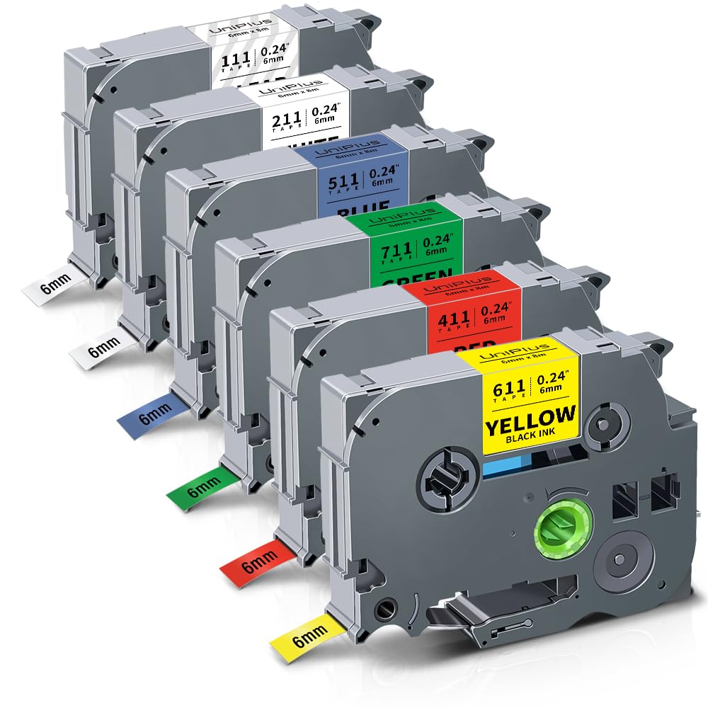 UniPlus Compatible 6mm Label Tape Replacement for Brother P-Touch TZe Laminated Label TZe-111 TZe-211 TZe-411 TZe-511 TZe-611 TZe-711 Use for PT-H110 D210 E110 H100 H101 P710BT E300 H107B H500 D400