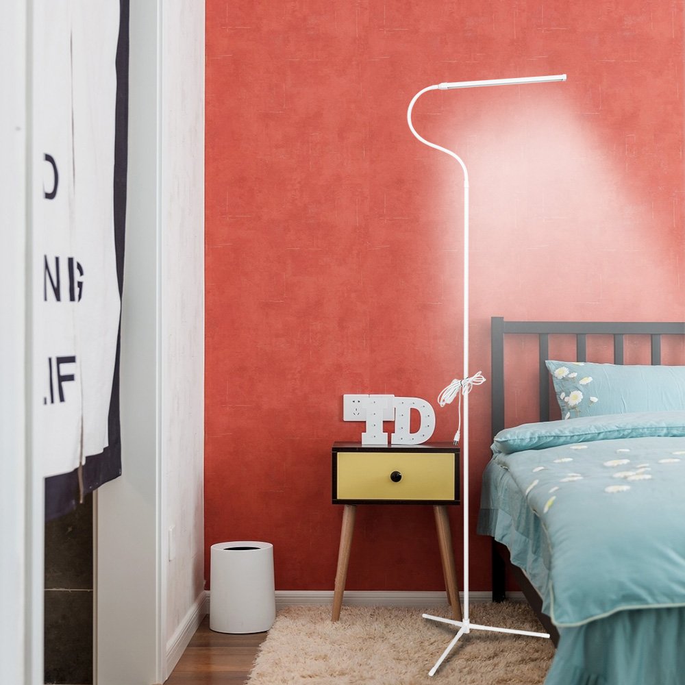 LED Floor Lamp Standing Reading Lamp, Dimmable Gooseneck Clip-on Lamp (4 Color Modes, 8W, Floor Light for Living Room, Bedroom, Office) White