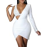 Womens Sexy Asymmetric Sleeve Deep V Neck Rhinestone Bodycon Party Clubwear Dress