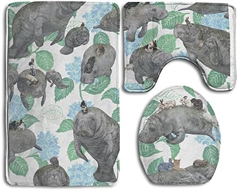 Rabbits Rode On The Manatees Bath Mat Set,3 Piece Bathroom Mats Set Non-Slip Bathroom Rugs/Contour Mat/Toilet Cover
