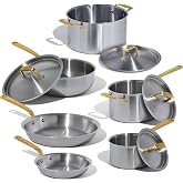 Made In Cookware - 10 Piece Stainless Steel Pot and Pan Set (Antique Brass Handle) - 5 Ply Clad - Includes Stainless Steel Frying Pans, Saucepans, Saucier and Stock Pot W/Lid - Crafted in Italy
