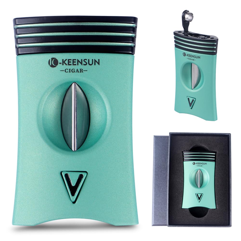 KEENSUN 3-in-1 Zinc Alloy V-Cut Cigar Cutter (Green) with Cigar Holder on The Back and Cigar Punch at The Bottom, 60 Ring Gauge, 420J2 Stainless Steel Cut Blade in Gift Box