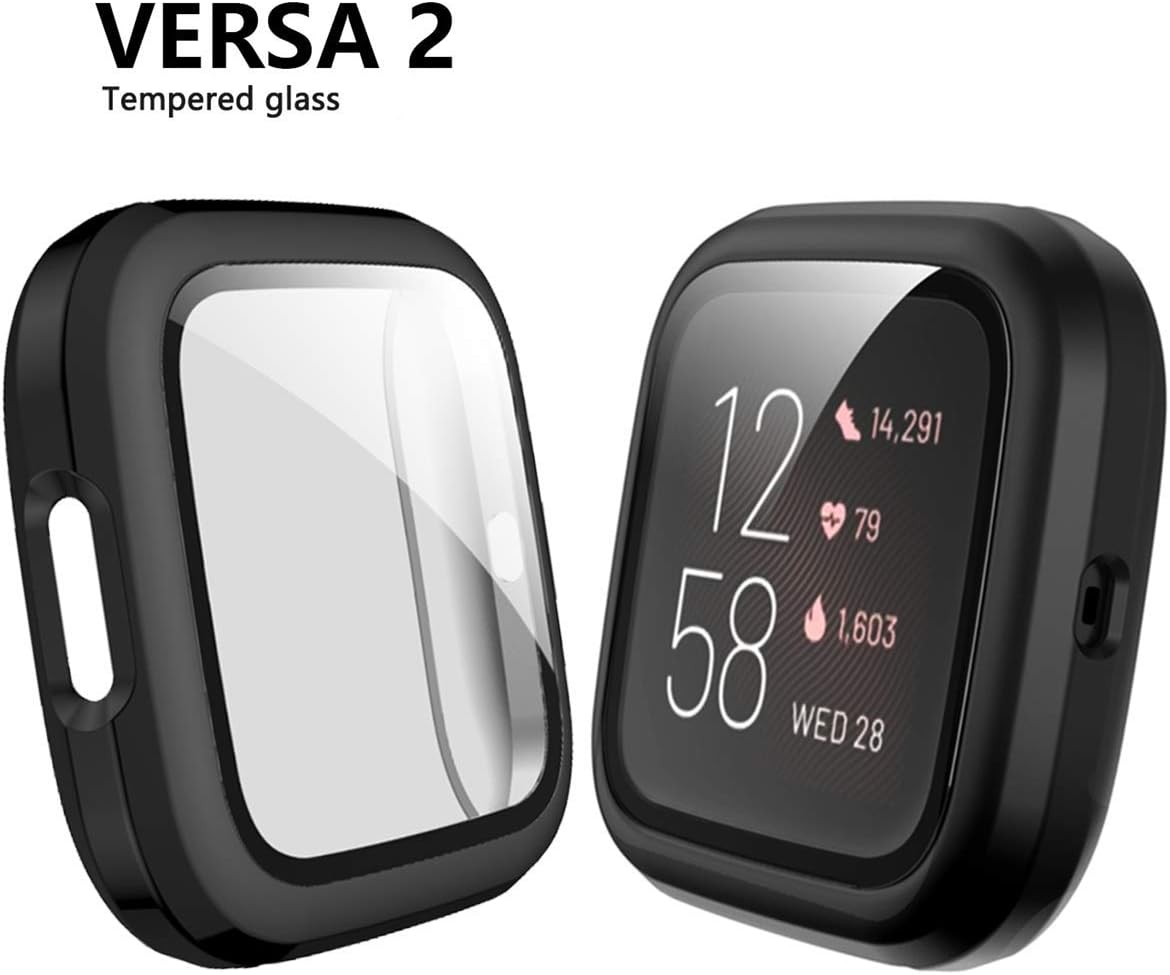 KPYJA Hard Case Compatible with Fitbit Versa 2 Screen Protector, Hard PC Case Slim Tempered Glass Screen Protector Overall Protective Cover for Fitbit Versa 2 Smartwatch(Black)