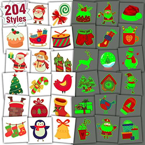 Partywind 204 PCS Individually Wrapped Glow Christmas Tattoos for Kids Stocking Stuffers, Christmas Party Decorations Favors, Xmas Holiday Goodie Bag Fillers Games Toys