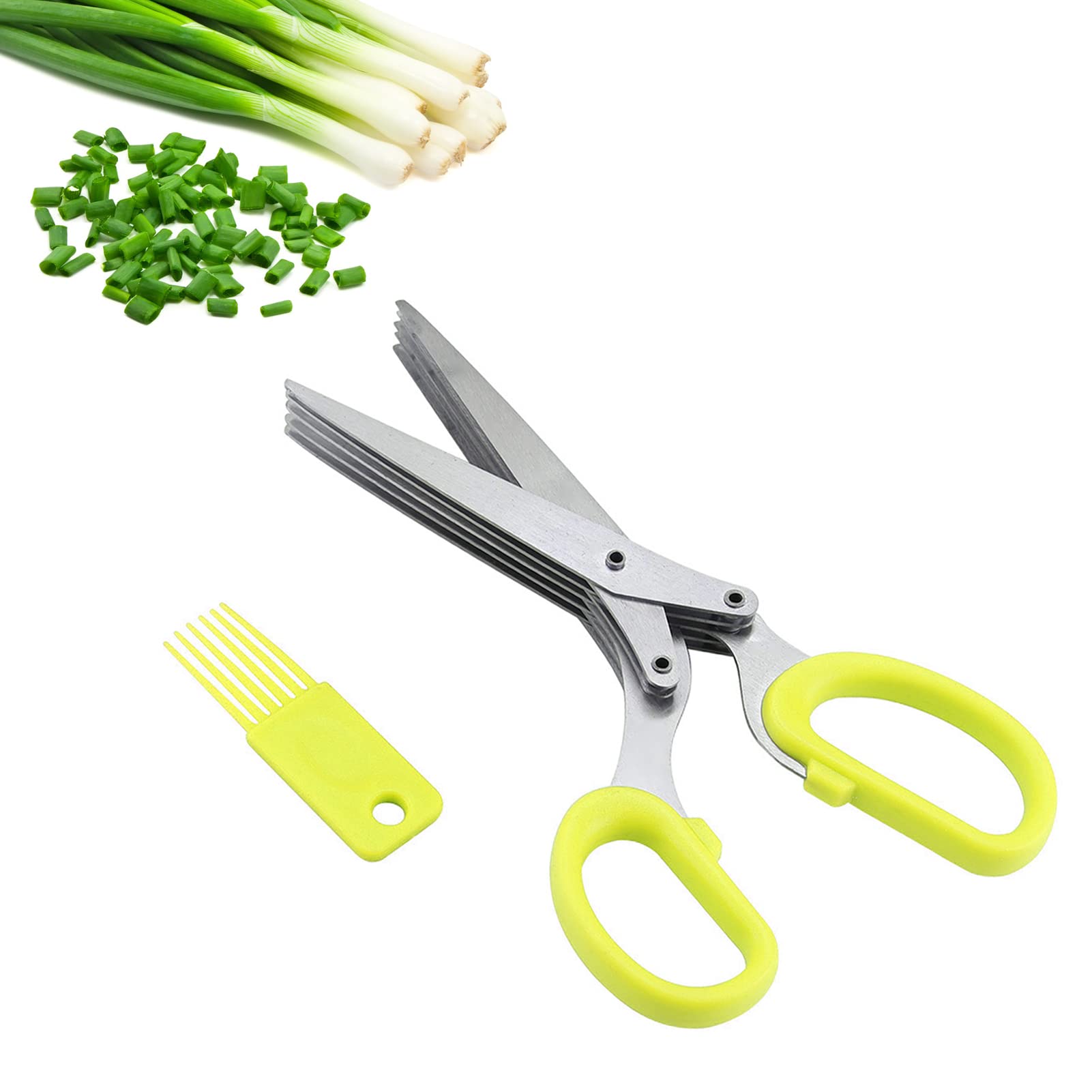 Herb Scissors, Kitchen Scissors Stainless Steel Herb Chopper Scallion Shredding Scissors with 5 Blades and Cleaning Comb (Yellow)