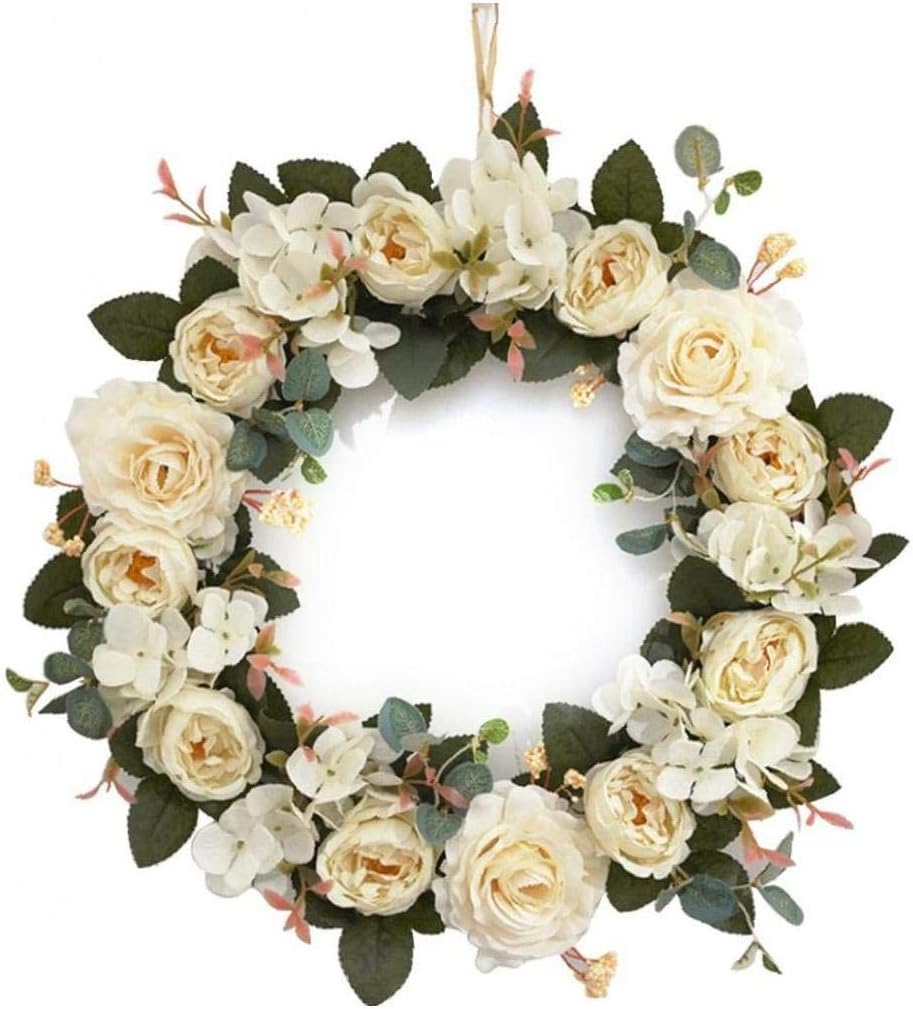 NaisiCore Simulation Garland Fake Rose Flower Wreath Pendant White Floral Hoop Christmas New Year Festival Decoration
