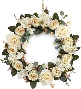 NaisiCore Simulation Garland Fake Rose Flower Wreath Pendant White Floral Hoop Christmas New Year Festival Decoration