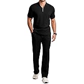 JMIERR Mens Summer 2 Piece Outfits Short Sets Beach Waffle 1/4 Zip Polo Shirts Casual Loose Pant Loungewear