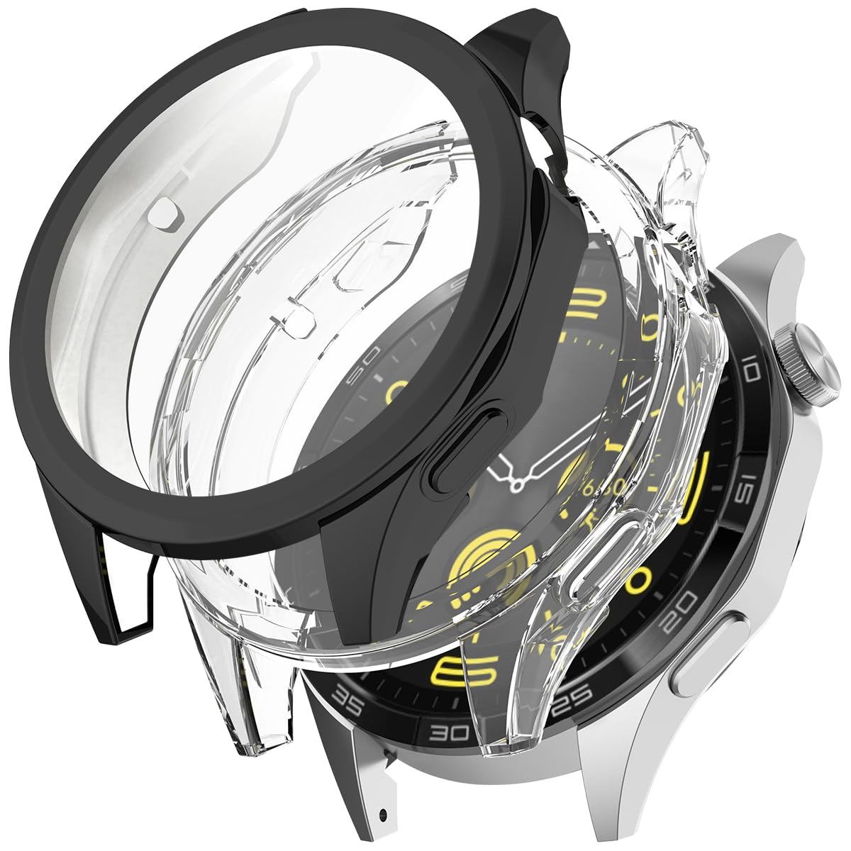 Miimall 2-Pack Case Compatible with Huawei Watch GT 4, Soft TPU Bumper Cover with Screen Protector, Anti-Scratch Shockproof Full Protective Case for Huawei Watch GT4 46mm-Clear+Black