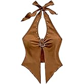 MakeMeChic Women's Halter Tops Cowboy Chic Studded Suede Tie Backless Fall Crop Tops