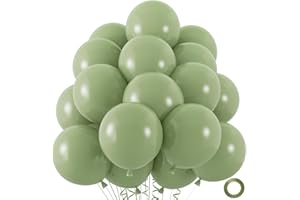 ZIZASARY 50pcs Sage Green Balloons, 12inch Matte Boho Green Balloons for for Wedding Decor Safari Baby Shower Jungle Birthday Balloon Decoration (With Ribbon & Glue)