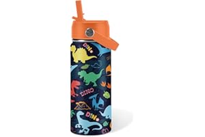 XIIAI Dinosaur Gifts for Kids - 16oz Colorful Dino Water Bottle with Straw Lid, Stainless Steel Insulated Tumbler, Leakproof, BPA-Free, for Boys & Girls, School, Travel - Dino Lovers Birthday Gift Cup (1pc)