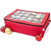 [Red Christmas Ornament Storage Box with Dividers] - (Holds 48 Ornaments up to 3 Inches in Diameter) | Acid-Free Removable Trays with Separators | Clear Window to Easily See Storage Bags Contents