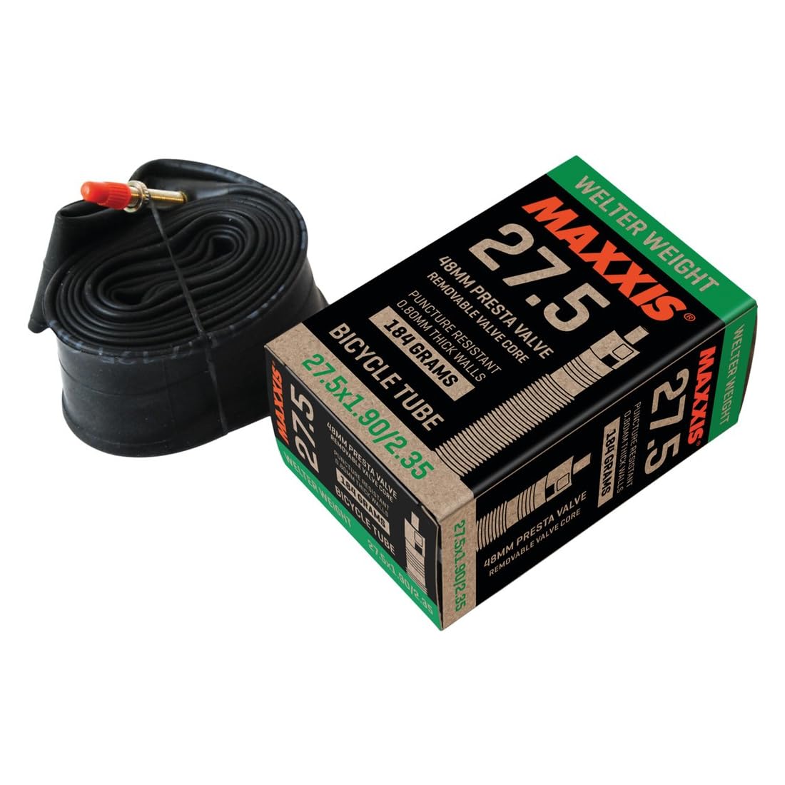 Maxxis Welterweight Bicycle Tube 27.5" x 1.9-2.35 Presta Valve 48mm with Removeable Core,Black