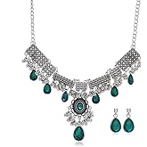 Vintage Indian Jhumka Jhumki Tassels Kundan Green Rhinestone Teardrop Necklace Earring Oxidized Silver Ethnic Jewelry Set for Women Crystal Traditional Bollywood Statement Bridal Wedding Prom Costume