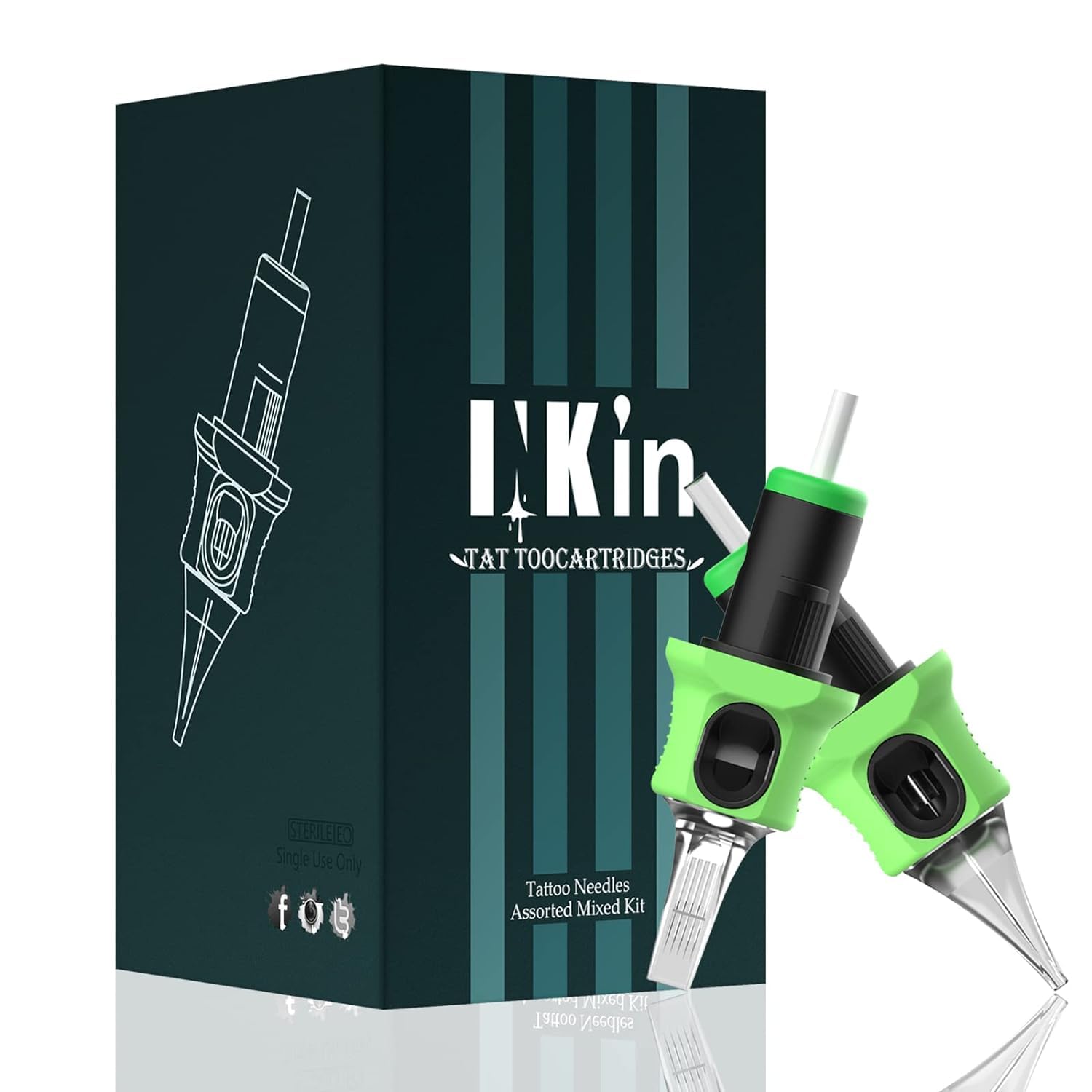 INKin Tattoo Needles Cartridge Assorted 40Pcs, Tattoo Cartridge Needles #10 Bugpin 0.30mm Mixed Round/Curved Magnum (7RM 9RM 13RM 15RM 17RM) Cartridges Finger Ledge Safety for Tattooing Supply - Kelly